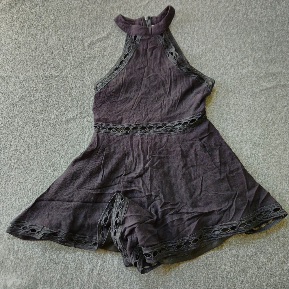 Sienna Sky Halter Neck Crochet Lace Trim Romper Black Size Small Dark Romance